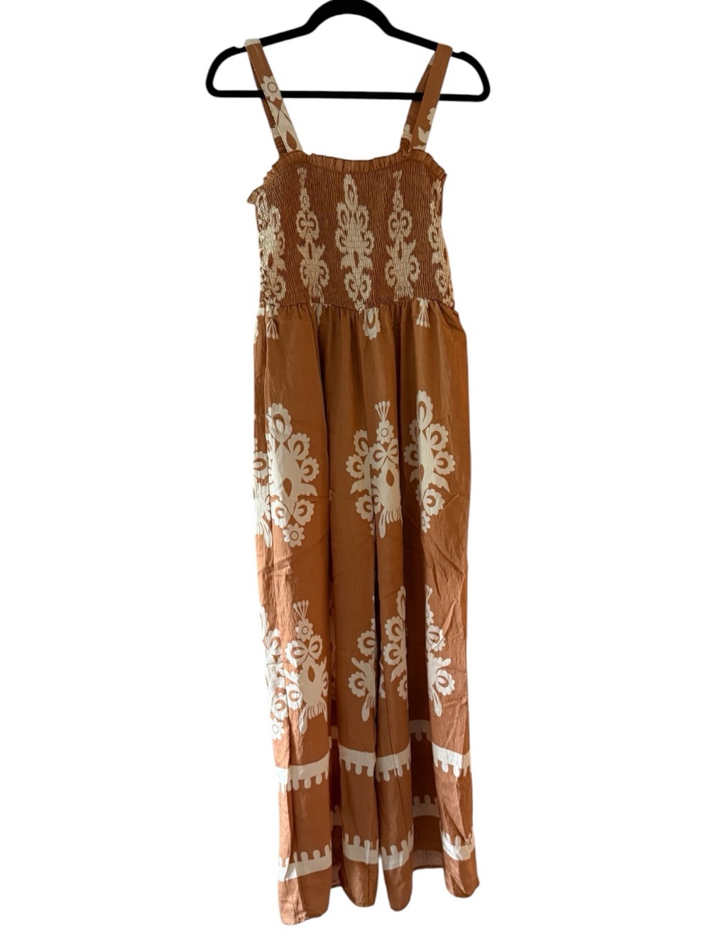Umgee Light Brown & White Smocked Jumpsuit